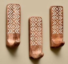 Brown Wooden Adhesive Hooks for Painted Walls - Pack of 3